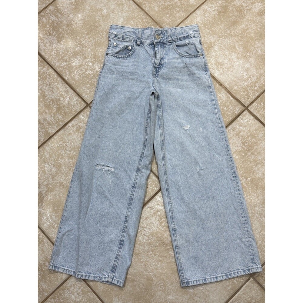 Zara Girls Distressed Wide-Leg Denim Jeans – Light Wash – Size 13–14